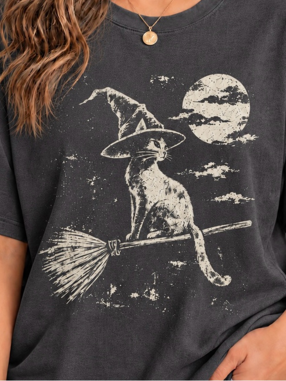 Charcoal Witchy Black Cat Broom Spooky Fall Aesthetic Womens Reprint Tee Shirt - Picture 3 of 4